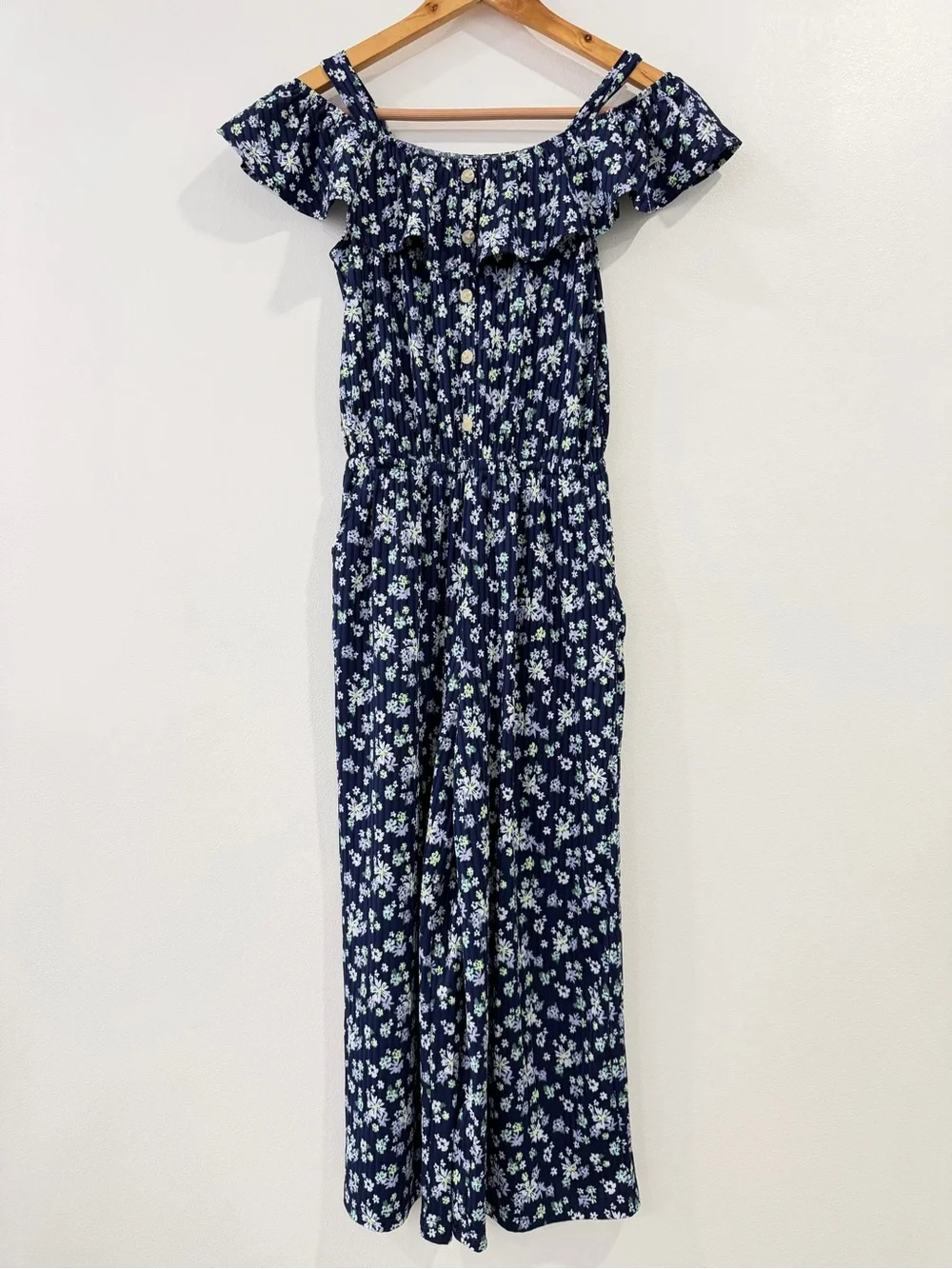 Justice Girls L(12-14) Blue Floral Cropped Jumpsuit Elastic Waist Pockets Ruffle